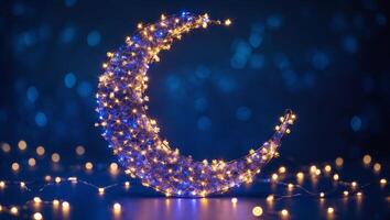 Decorative crescent moon adorned with lights creating a dreamy atmosphere for evening gatherings photo