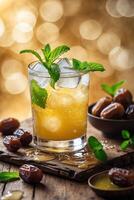 Fresh mint and date beverage garnished with mint leaves on a wooden table in a warm, inviting atmosphere photo