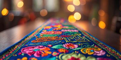 Colorful embroidered textile with floral patterns displayed in cozy indoor setting during evening photo