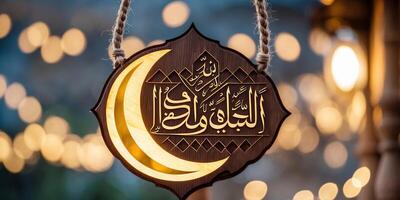 Decorative lantern featuring Arabic calligraphy and a crescent moon hanging in a festive setting with warm lights at night photo
