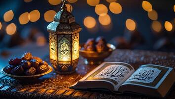 Nighttime gathering with lantern, Quran, and dates during a cultural celebration in a cozy setting photo