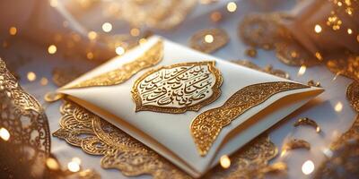 Elegant invitation card with intricate gold design on a decorative background for a cultural celebration photo