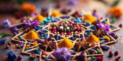 Brightly colored spices and flowers arranged in a decorative pattern on a wooden surface during a festive celebration photo