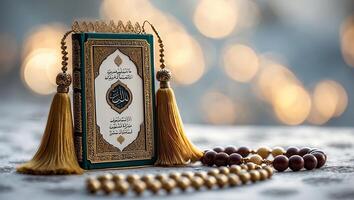 Beautifully designed Quran rests on a peaceful surface beside prayer beads with a serene bokeh background photo