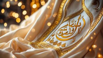 Elegant embroidered fabric featuring intricate gold calligraphy on a soft white background surrounded by gentle bokeh lights photo