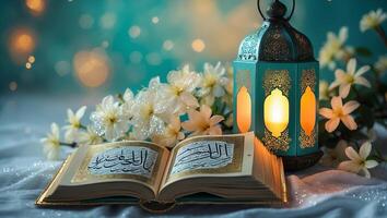 Beautiful Quran open on a table surrounded by flowers and a lantern at night with soft glowing lights photo