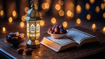 Lantern illuminates dates and Quran amidst twinkling lights during a serene evening gathering photo