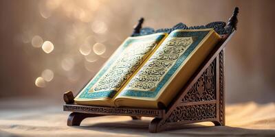 Beautifully illuminated Quran on a stand showcasing intricate calligraphy and rich colors in a calm atmosphere photo