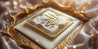 Intricate golden frame displaying elegant Arabic calligraphy on a soft textured background photo