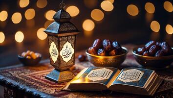Lantern lights up a table with a Quran, dates, and decorative bowls during Ramadan evening photo