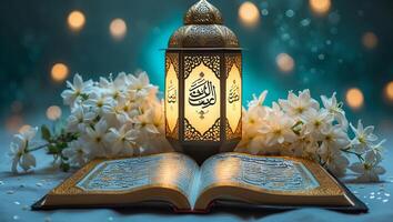 Islamic lantern adorns an open Quran with flowers, creating a serene ambiance during evening reflection photo