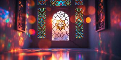Beautiful stained glass window casting colorful reflections during sunset in an architectural gem photo
