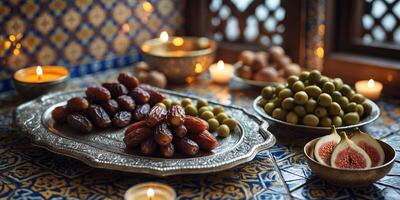 Elegant arrangement of fruits and nuts on ornate table with candles during a festive gathering photo