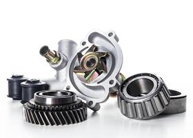 Various automotive parts showcased for inspection on a white background highlighting their details and intricate designs photo