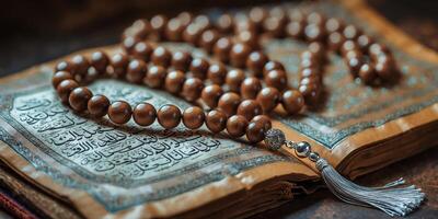 Prayer beads resting on an open Quran highlighting spiritual reflection in a serene atmosphere photo