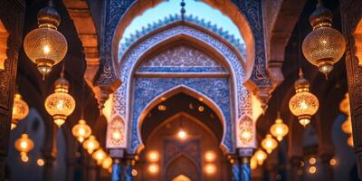 Intricate archways and glowing lanterns in an ornate Moroccan setting during twilight hours photo