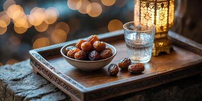 Delightful platter of dates with a glass of water beside a lantern in an enchanting evening setting photo