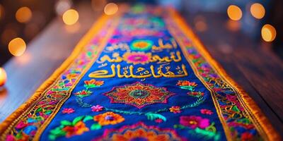 Colorful embroidered textile displayed on a wooden table with soft lights in the background during an evening gathering photo