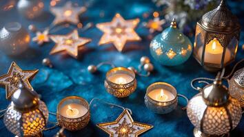 Elegantly arranged candles and lanterns create a warm atmosphere for a festive evening gathering photo