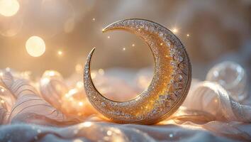 Golden crescent moon ornament sparkling in soft light with delicate swirls and decorative details showcasing intricate craftsmanship photo