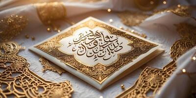 Elegant Arabic calligraphy artwork displayed on a lavish surface with intricate golden details and decorative elements during a festive celebration photo