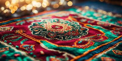 Intricate handwoven textile showcasing vibrant patterns and colors in a warm, softly lit setting photo
