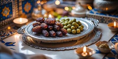 Traditional platter of dates and olives displayed in a cozy setting with candles and decorative tiles at sunset photo