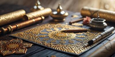 Intricate gold detailing on decorative art pieces arranged on a textured wooden surface photo