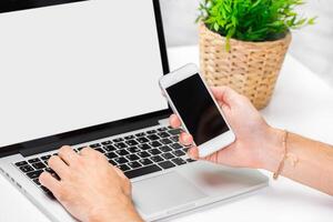 Person using laptop and smartphone while sitting at a table with a potted plant in a well-lit space photo