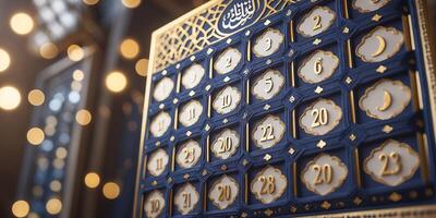 Decorative calendar for Ramadan with intricate designs showcasing lunar phases and dates in a festive atmosphere photo