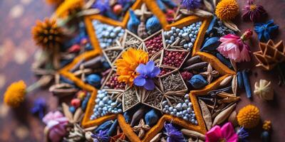Colorful floral mandala created with spices and natural elements on a wooden surface in a calm setting during daylight photo