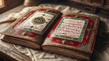 Ancient book with ornate cover and intricate calligraphy displayed on a wooden table photo
