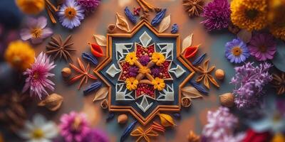 Colorful floral arrangement showcasing intricate patterns and natural elements during a vibrant celebration of creativity photo