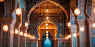 Intricate architectural arches illuminated by soft lights in a historical site during the evening photo