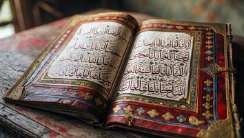 Ancient Quran resting on a wooden table showcasing intricate details and calligraphy in a traditional setting photo