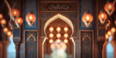 Enchanted evening in an ornate hall with glowing lanterns and intricate architecture photo