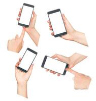 Hands using smartphones for various activities in a modern setting during the day photo