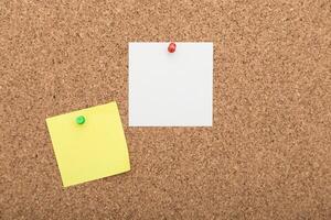 Colorful sticky notes pinned to a cork board in an office or study setting during the day photo