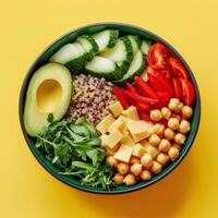 A bowl of vegetables, cheese, and avocado on a yellow background photo