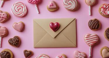 Cookie hearts and envelope on pink background photo