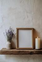 Wooden shelf with empty frame and candle on it photo