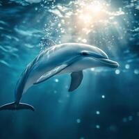 Dolphin underwater with sunlight and bubbles photo