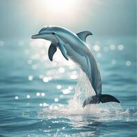 Dolphin jumping out of the water with sun shining photo