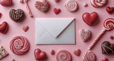 An envelope surrounded by candy hearts and lollipops photo