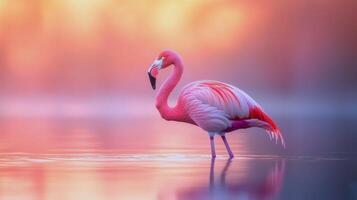 A pink flamingo standing in the water at sunset photo