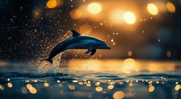 A dolphin jumping out of the water at sunset photo