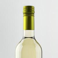 A bottle of white wine with a green cap photo
