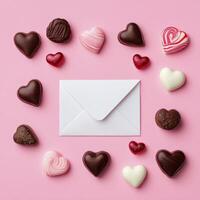 Valentine's day concept with chocolate hearts and envelope on pink background photo
