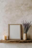 Blank frame mockup on wooden shelf with lavender flowers photo