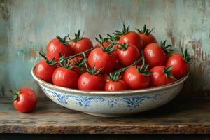 A bowl of tomatoes in a blue and white pattern photo